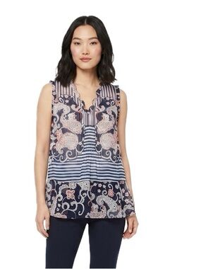 CAbi Blue White Paisley Striped Sleeveless Sheer Blouse